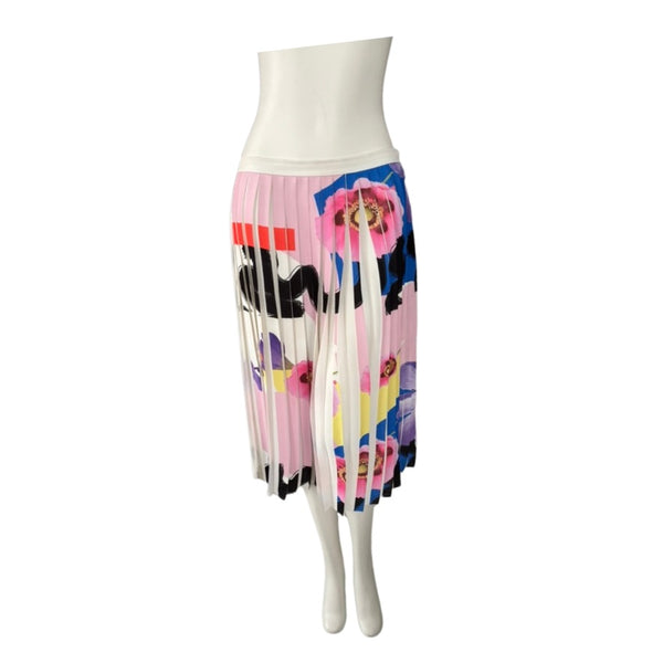 PINKO Pleated Abstract Floral Midi Skirt White Multicolour Size 10 – Preloved