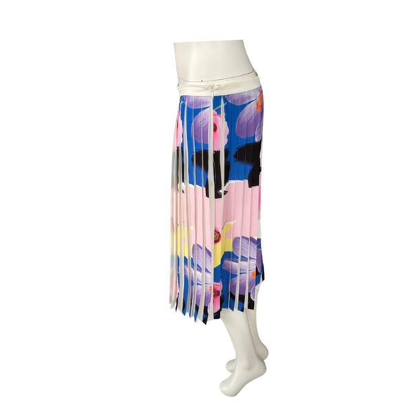 PINKO Pleated Abstract Floral Midi Skirt White Multicolour Size 10 – Preloved