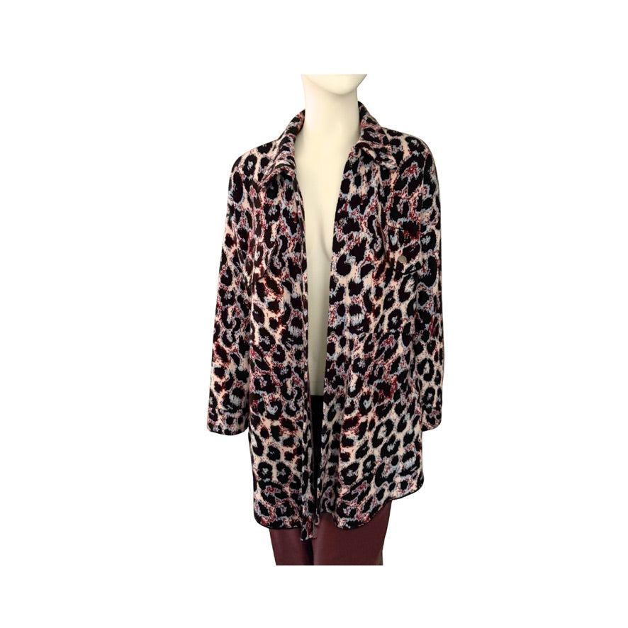 Leopard print jacket on a mannequin against a white background