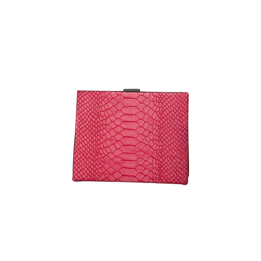 Pink clutch bag with snake skin pattern on a white background