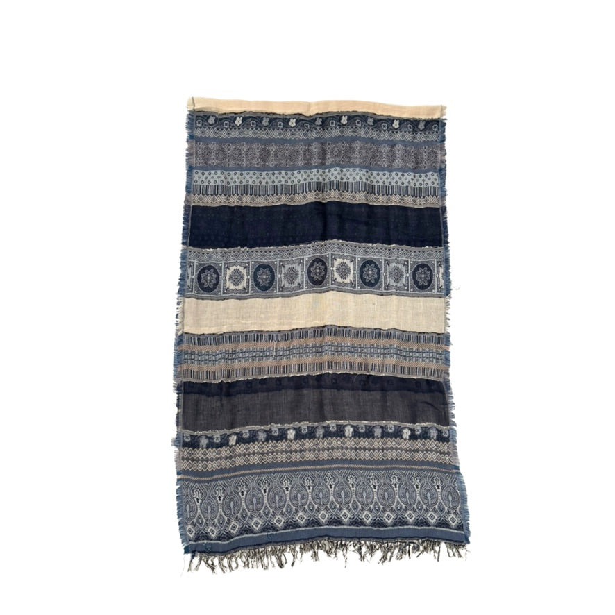 Striped patterned blanket with fringes on a white background