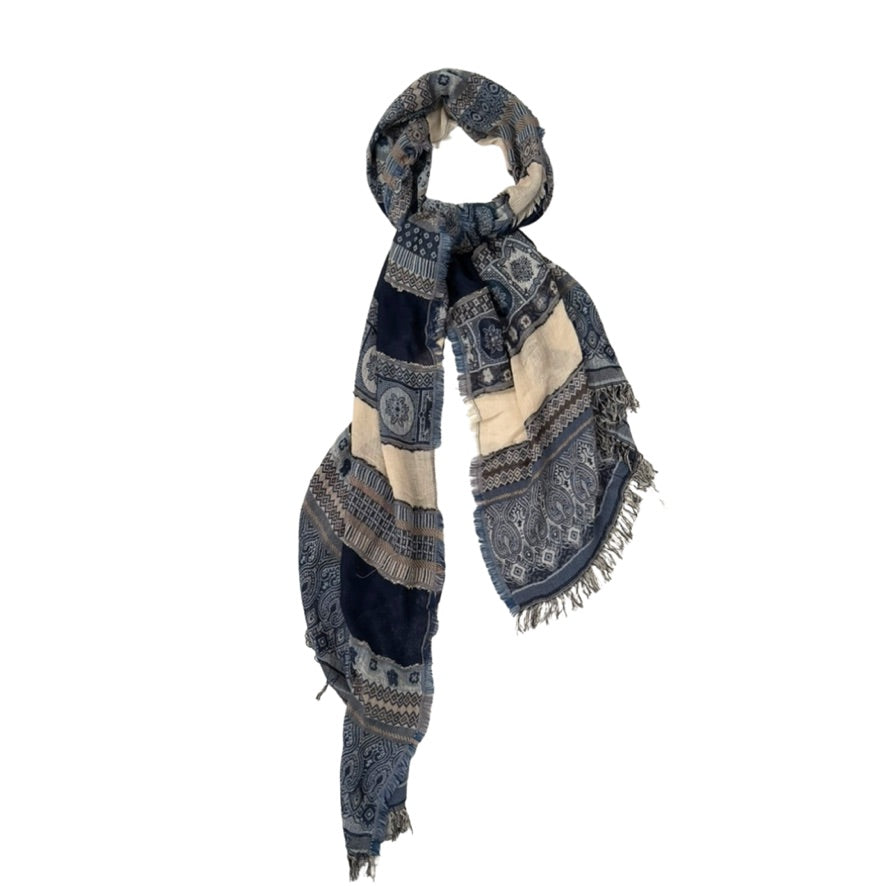 Patterned scarf with fringes on a white background