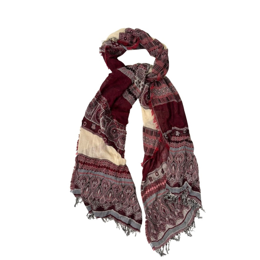 Patterned scarf with fringes on a white background