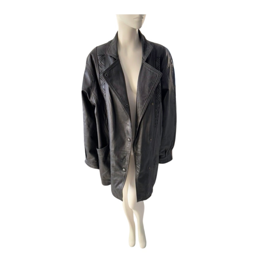 Black leather jacket on a mannequin against a white background