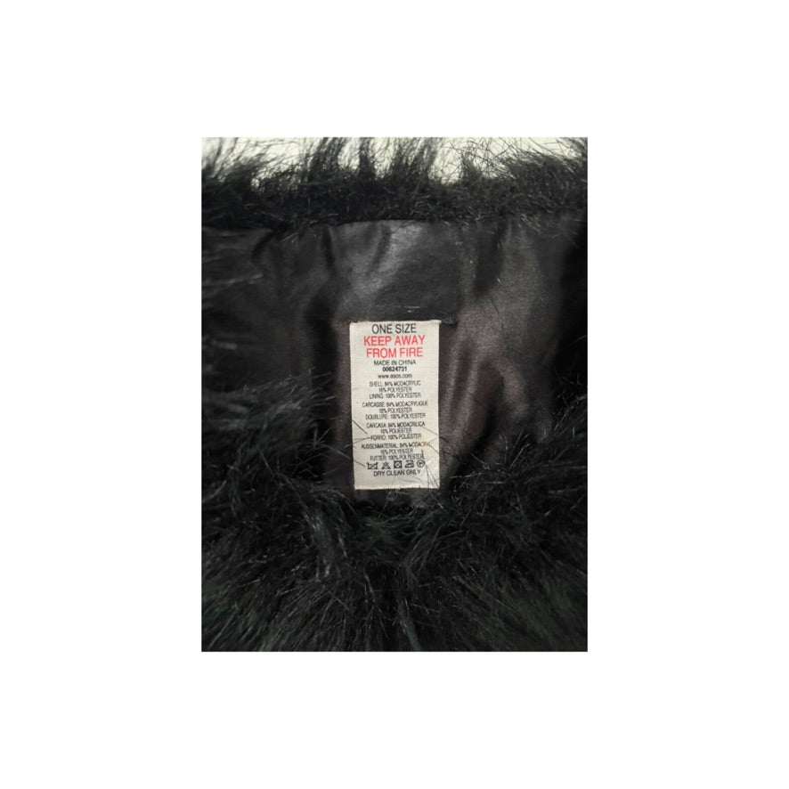 Black fur garment with a label on a white background