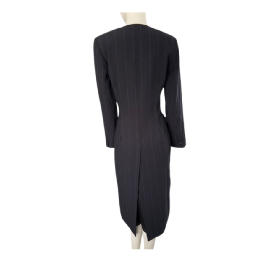 Black pinstripe dress on a mannequin against a white background
