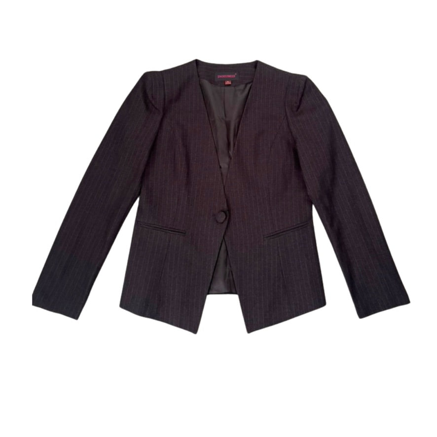 Grey pinstripe blazer on a white background