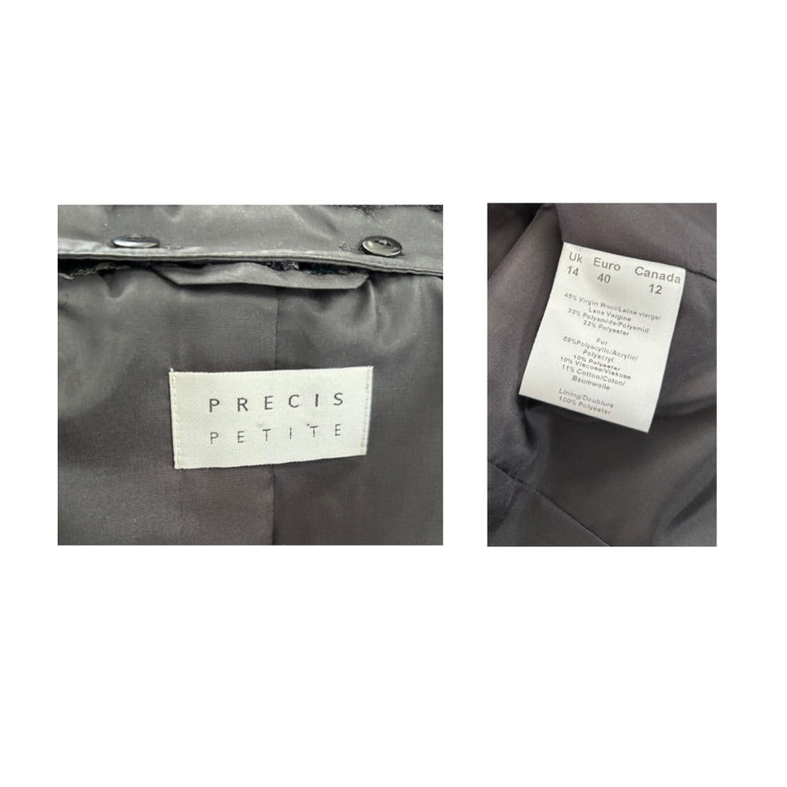 Gray jacket with 'PRECIS PETITE' label and size tag on a white background