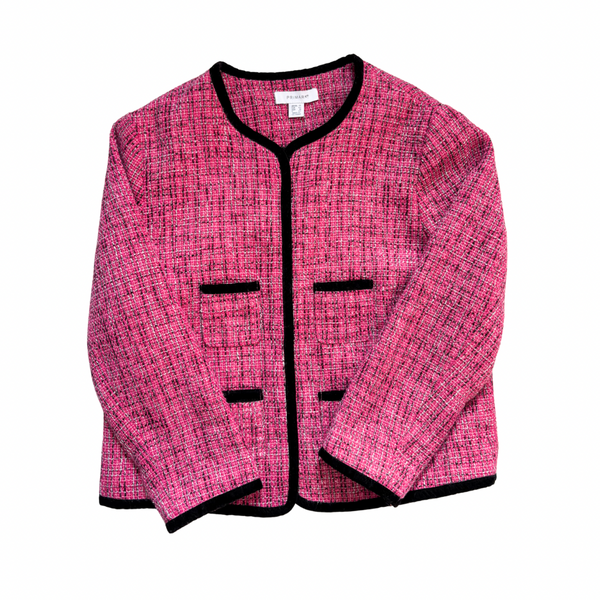 Pink textured jacket with black trim on a white background