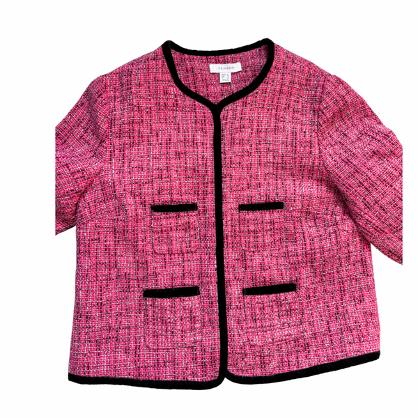 Pink textured jacket with black trim on a white background