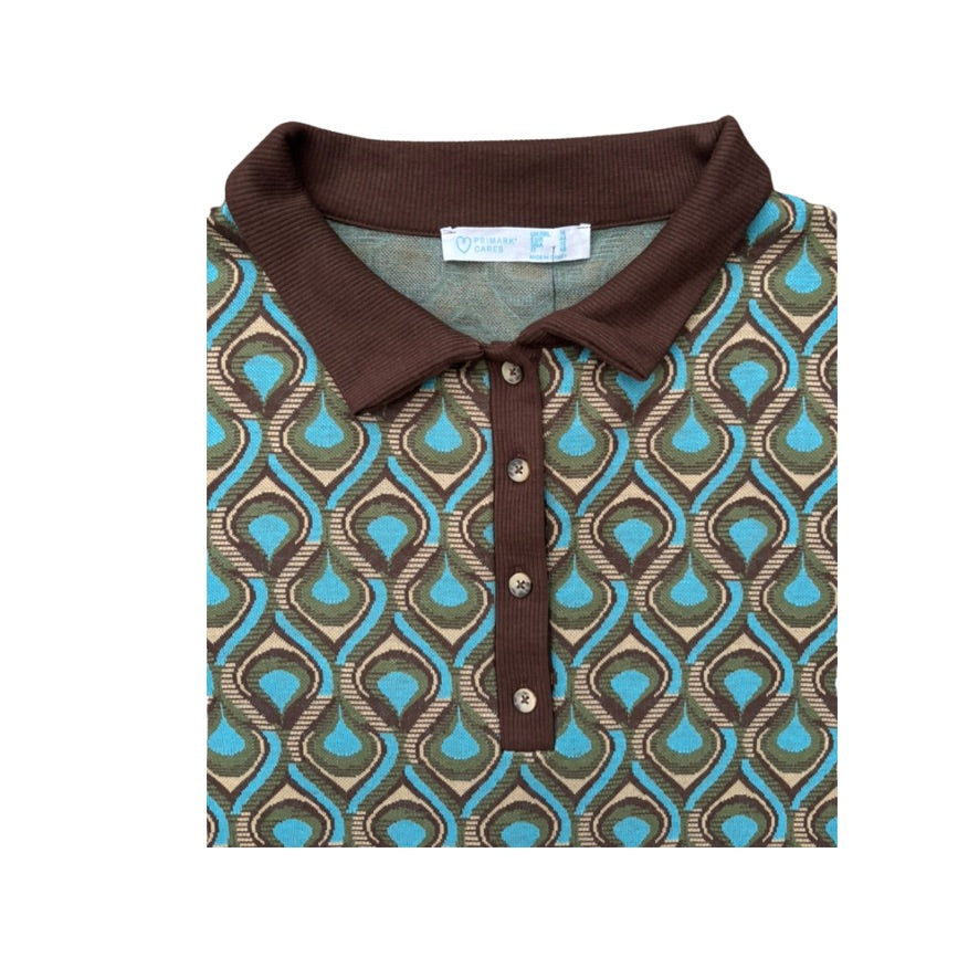 Polo shirt with brown collar and blue and brown pattern on a white background