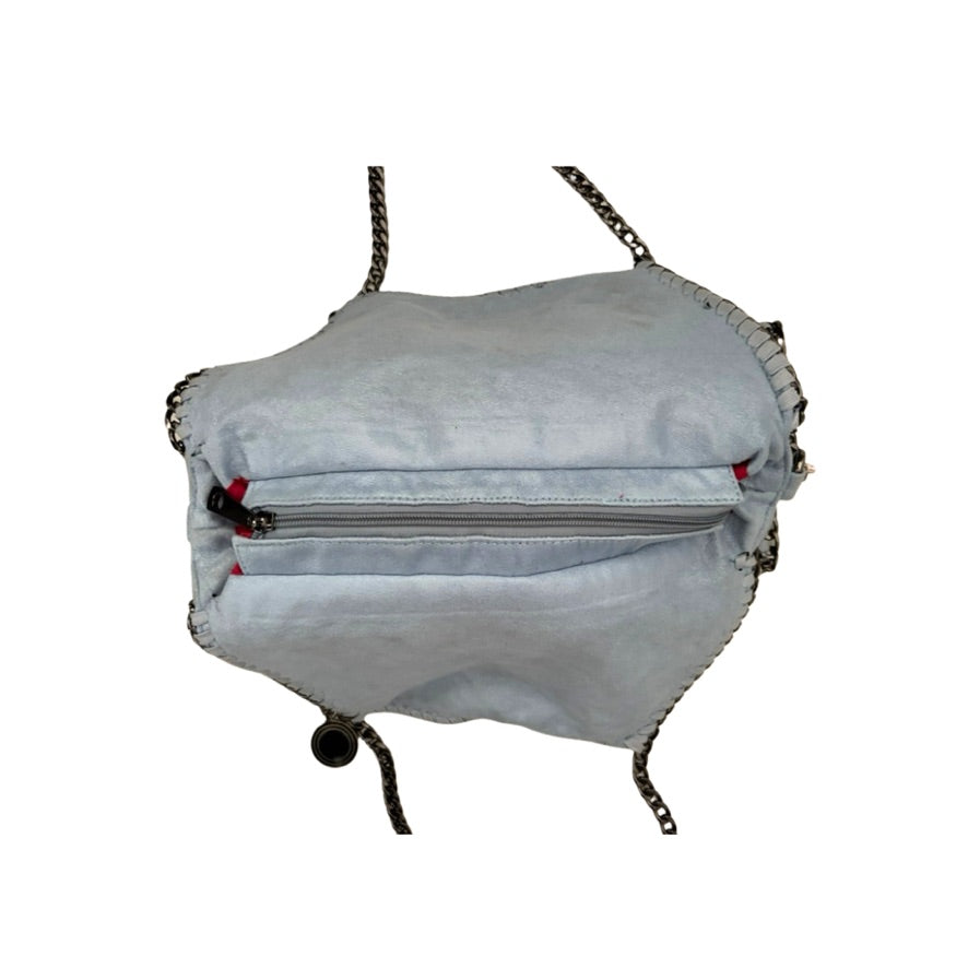 Light blue fabric bag with zippers on a white background