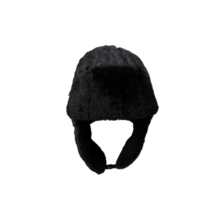 Black fur-trimmed winter hat on a white background