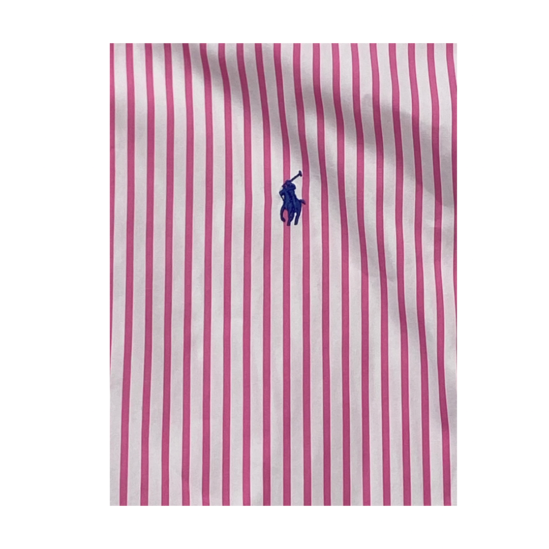 Pink and white striped shirt with a blue logo on a white background