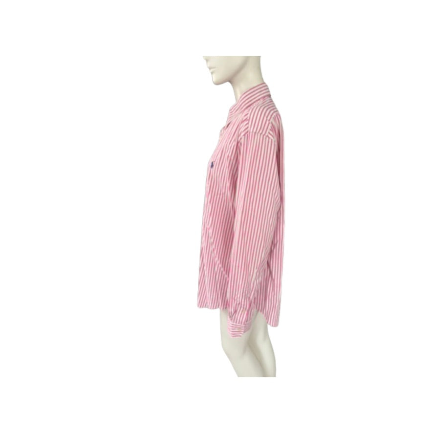 Mannequin wearing a pink and white striped shirt on a white background