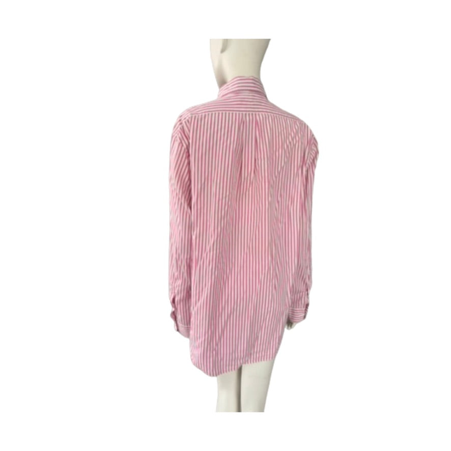 Mannequin wearing a pink and white striped shirt on a white background