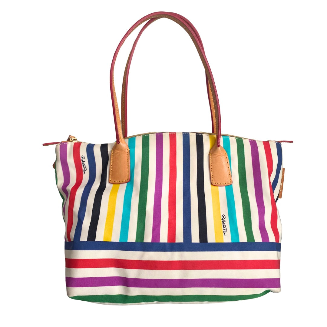 A multicolored striped tote bag with leather handles and gold tone hardware.