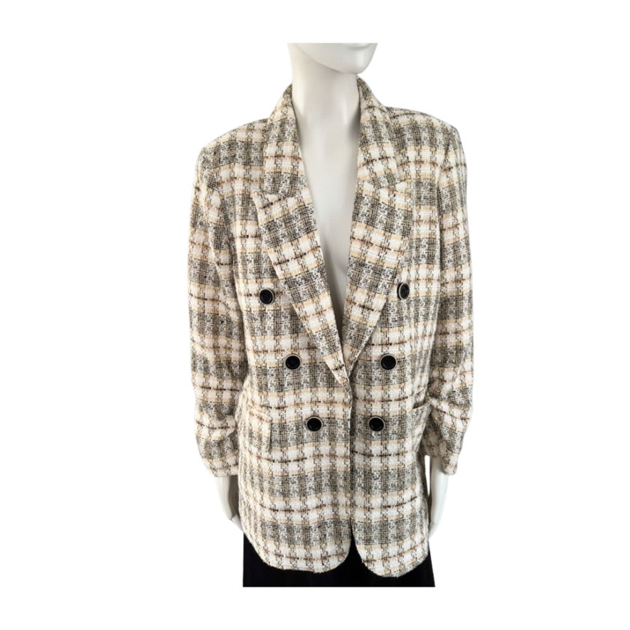 Plaid blazer on a mannequin against a white background