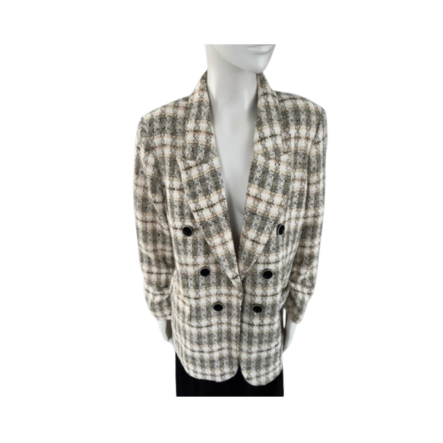 Plaid blazer on a mannequin against a white background