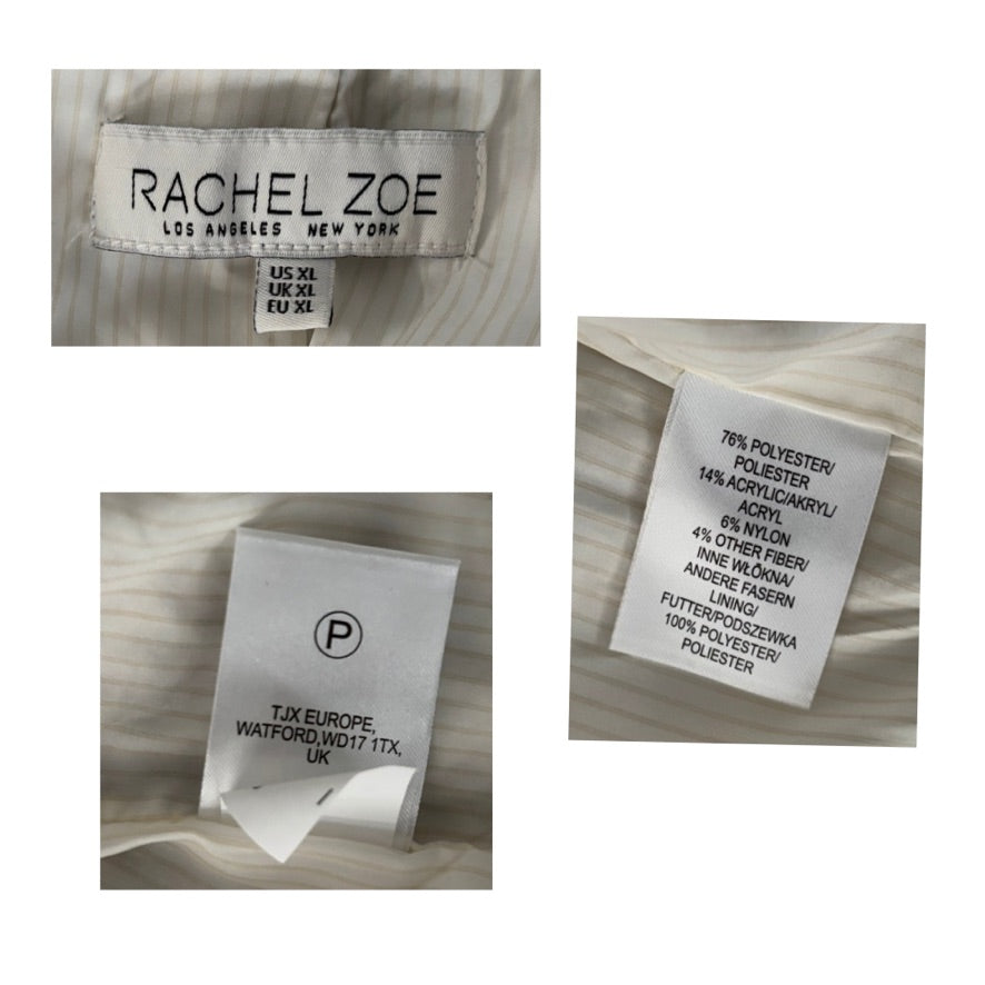 Close-up of fabric labels with 'Rachel Zoe' branding and material information.