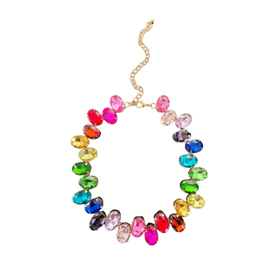 Multicolored beaded necklace on a white background