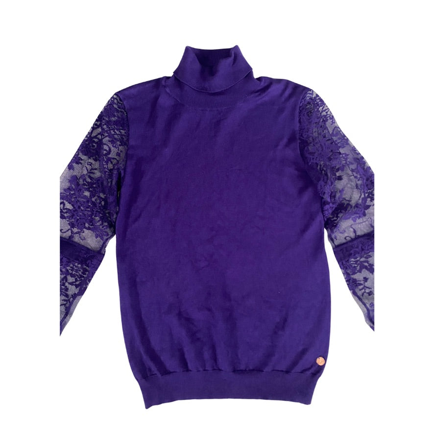 Purple sweater with lace sleeves on a white background