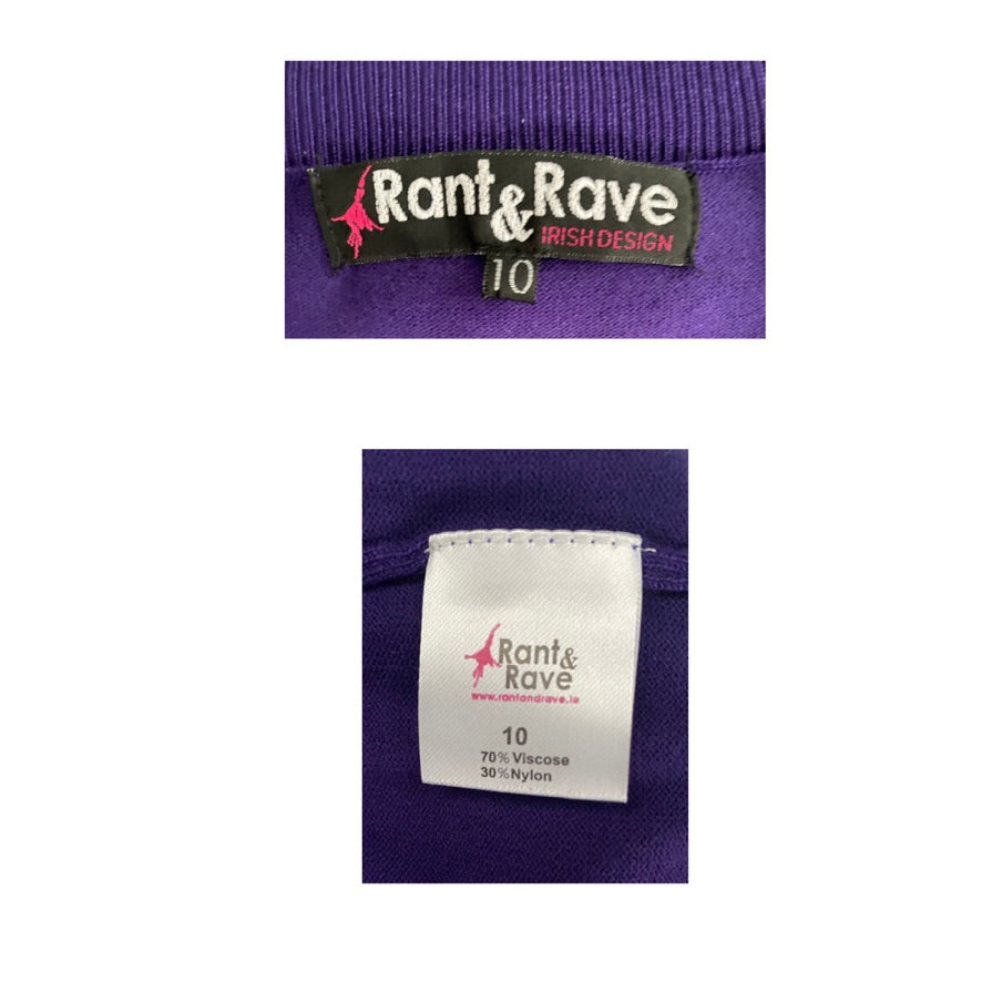 Close-up of Rant & Rave clothing labels on a purple fabric background