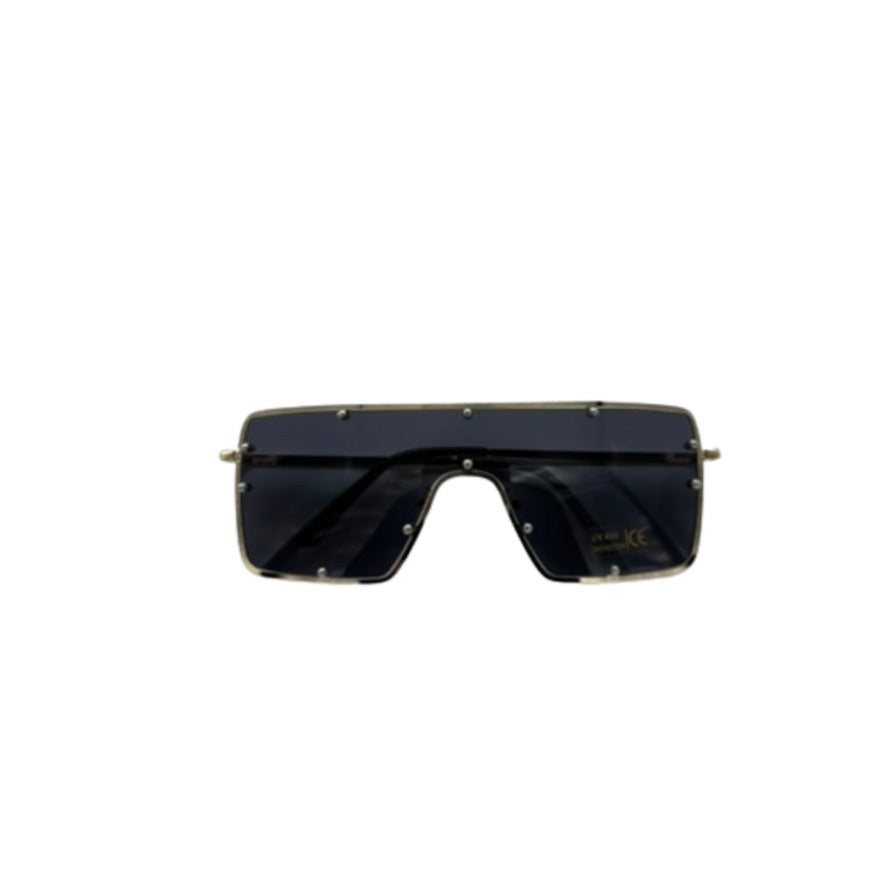 Black sunglasses with a studded design on a white background