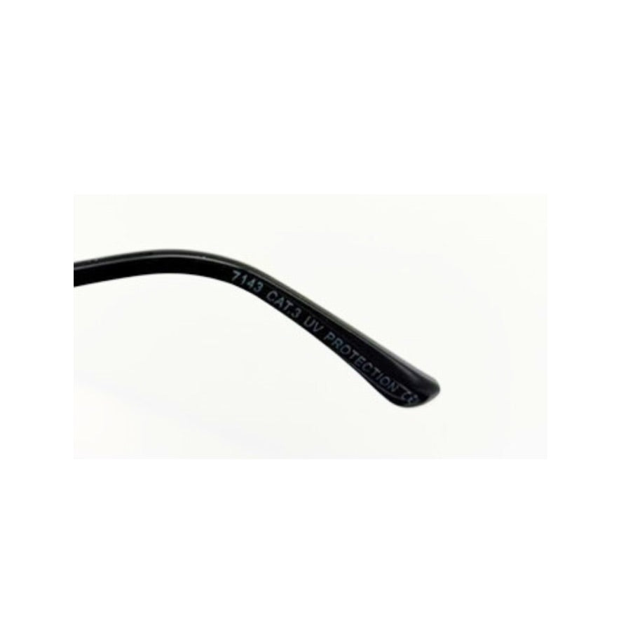 Black sunglasses arm with 'UV protection' label on a white background