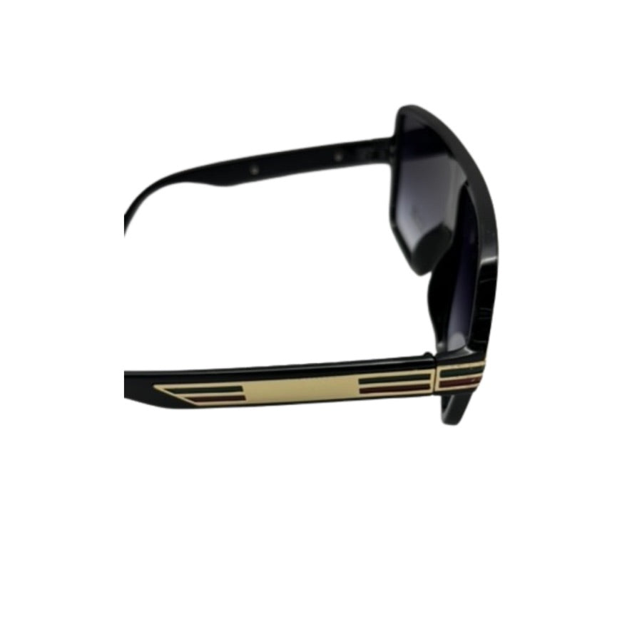 Black sunglasses with gold accents on a white background