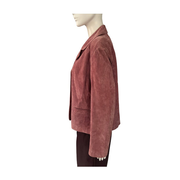 Mannequin wearing a dark pink suede jacket on a white background