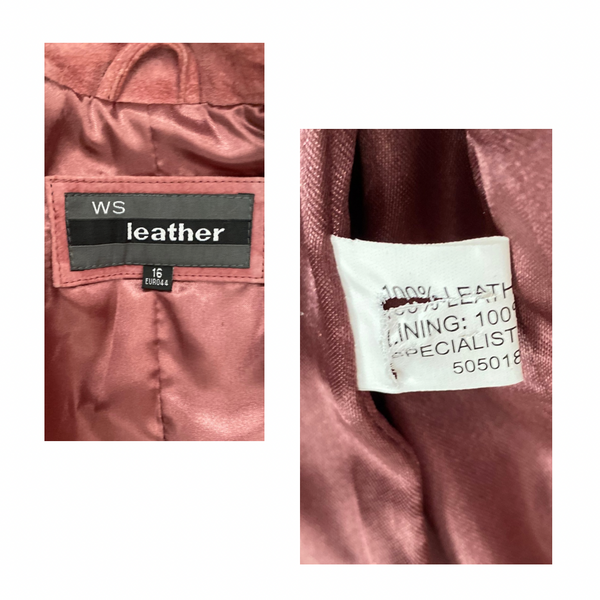 Close-up of leather jacket labels with 'WS leather' and '100% Leather' text.
