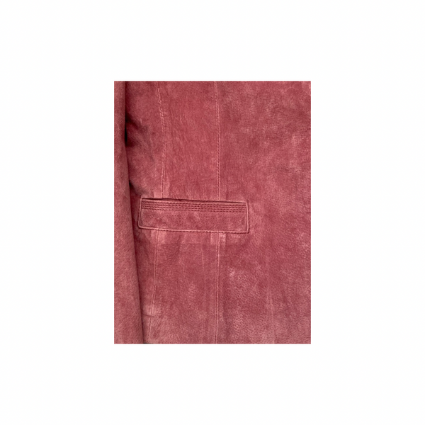Close-up of a dark pink pocket on a jacket with a white background