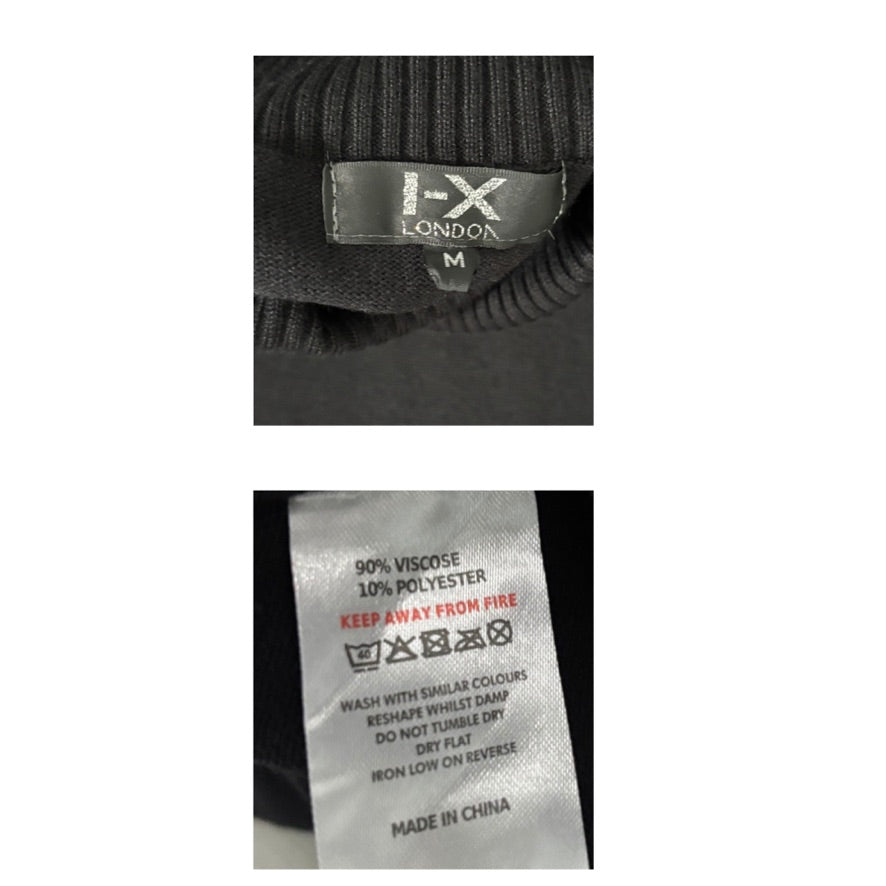 Close-up of a clothing label with 'FX London' branding and fabric composition details.