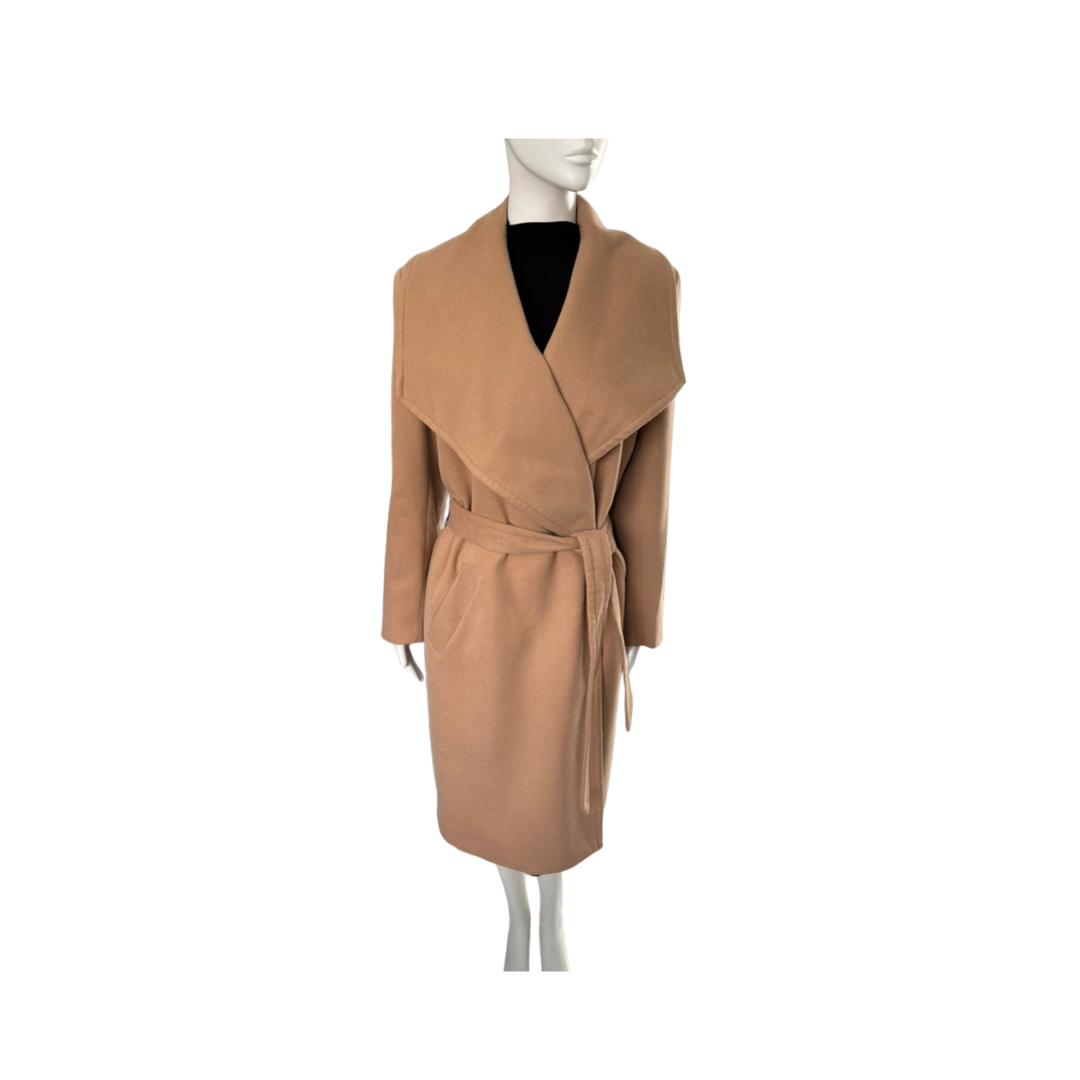 Beige wrap coat on a mannequin against a white background