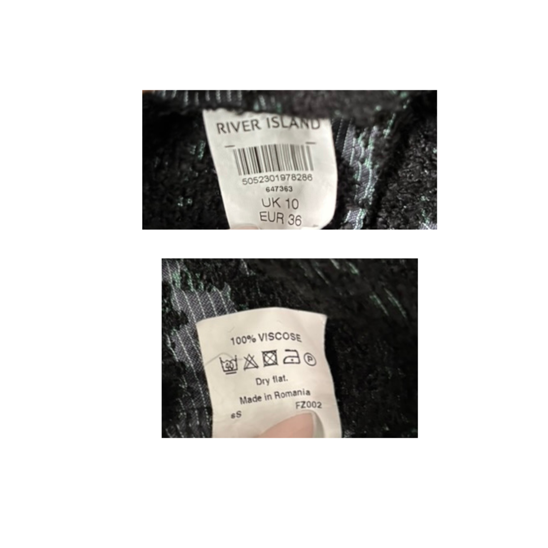 Two clothing labels with 'River Island' branding and product information.
