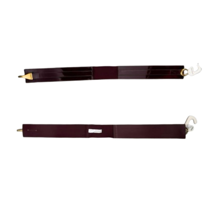 Two burgundy leather belts with gold and silver buckles on a white background