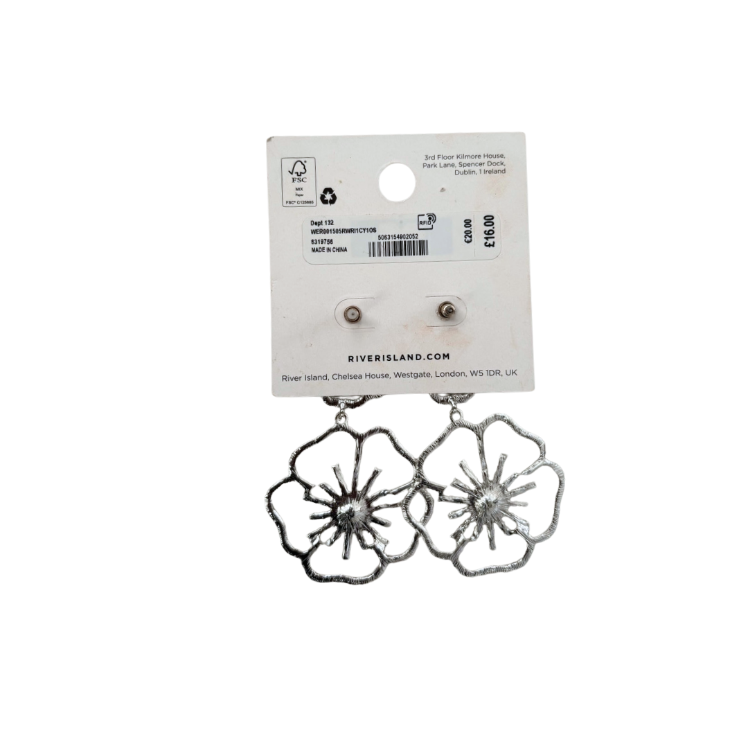 Floral earrings on a River Island branded card against a white background