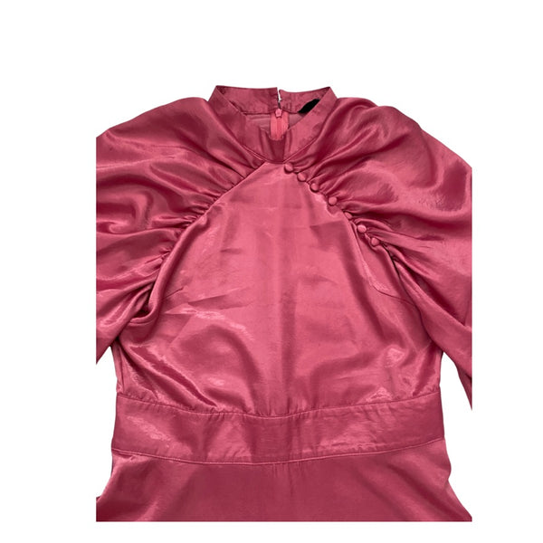 Pink satin dress with puff sleeves on a white background