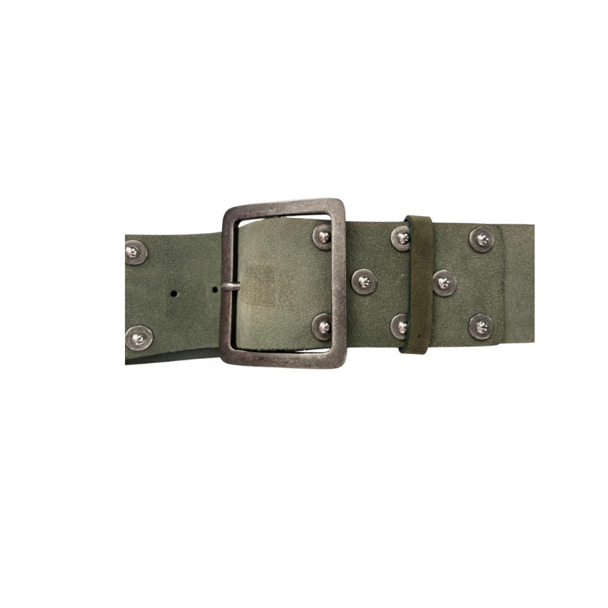 Green belt with a large metal buckle on a white background