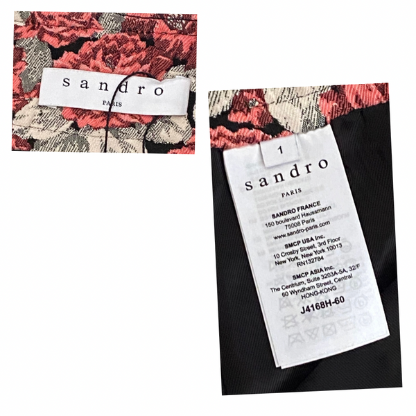 Sandro Paris clothing tag with floral and black patterned fabric background