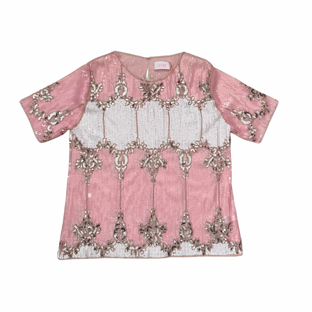 Pink top with silver embroidery on a white background