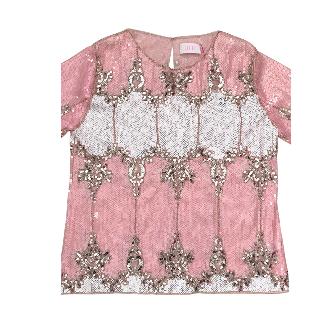 Pink top with silver embellishments on a white background