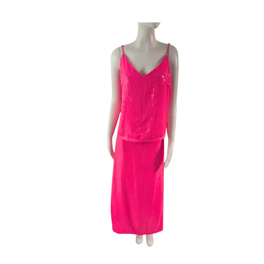 Mannequin wearing a bright pink dress on a white background