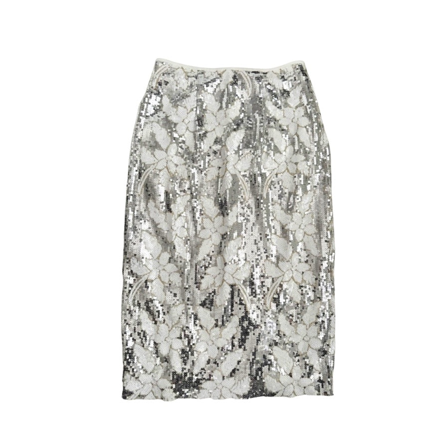 Silver sequin skirt on a white background