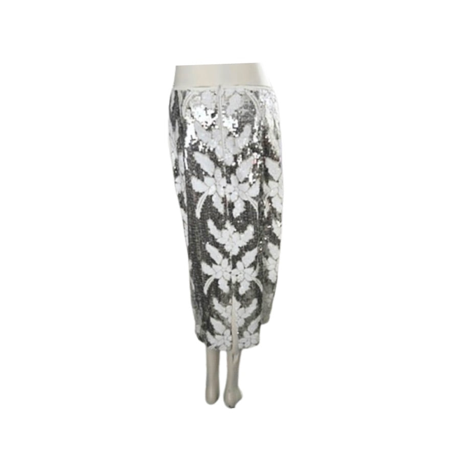 Sequined pencil skirt with floral pattern on a white background