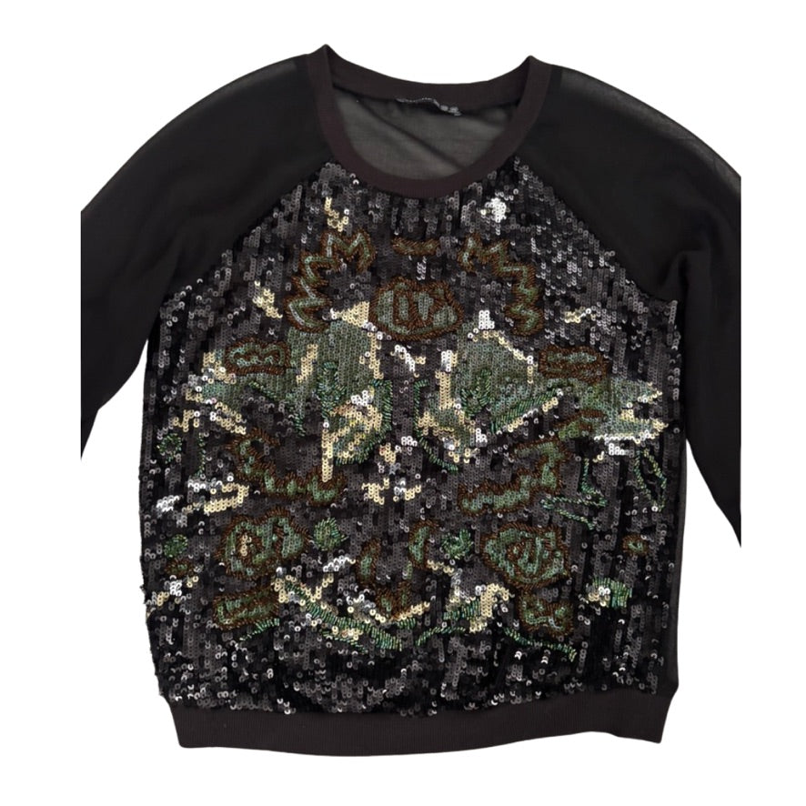 Black sequin top with a pattern on a white background