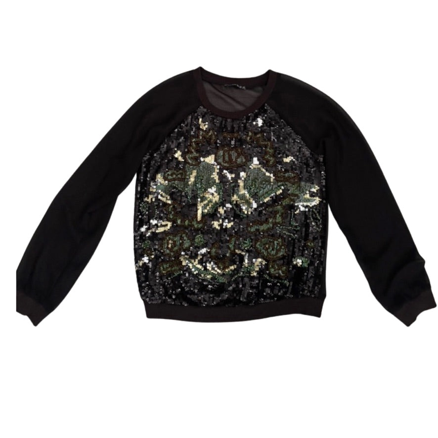 Black sweatshirt with sequin design on a white background