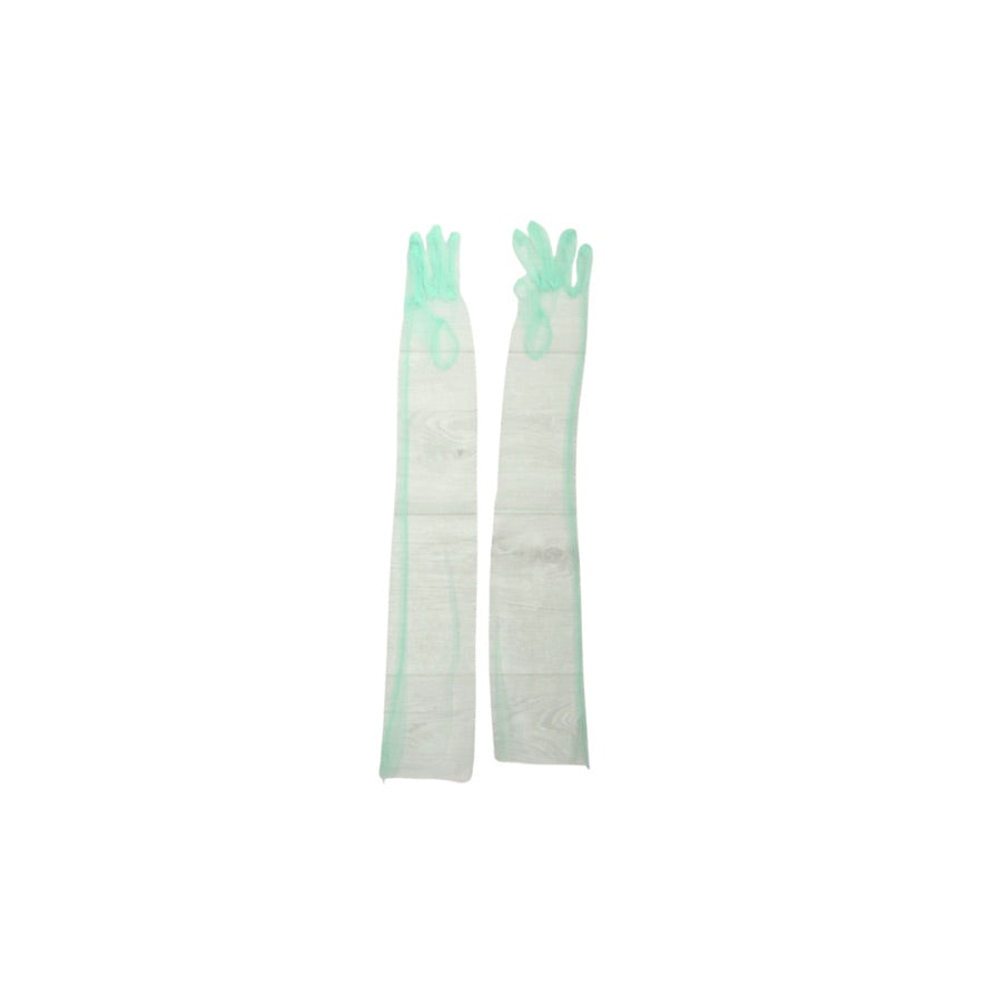 Pair of green long gloves on a white background