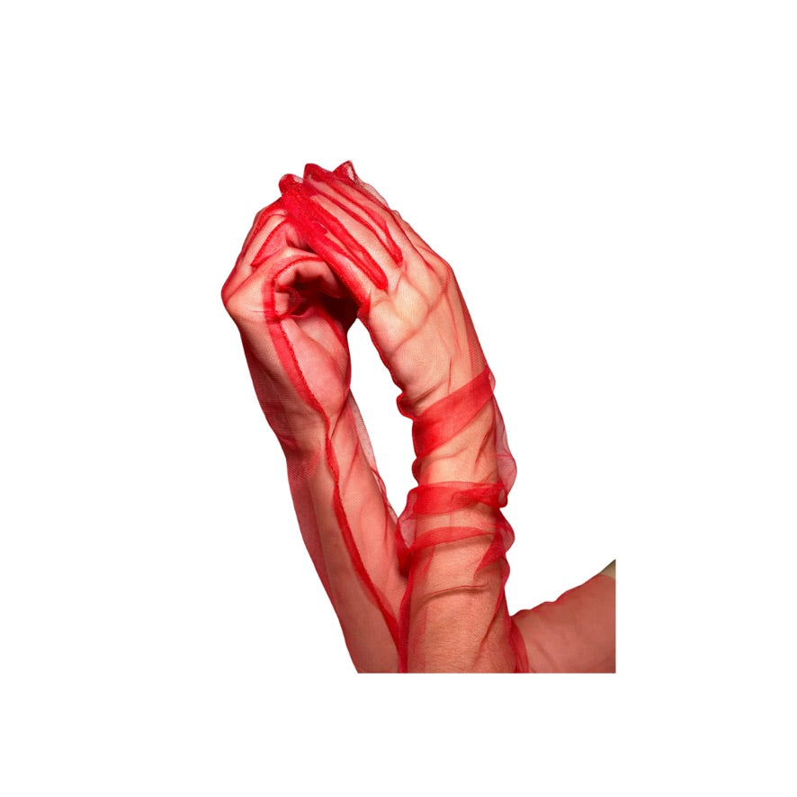 Red sheer gloves being worn on a white background